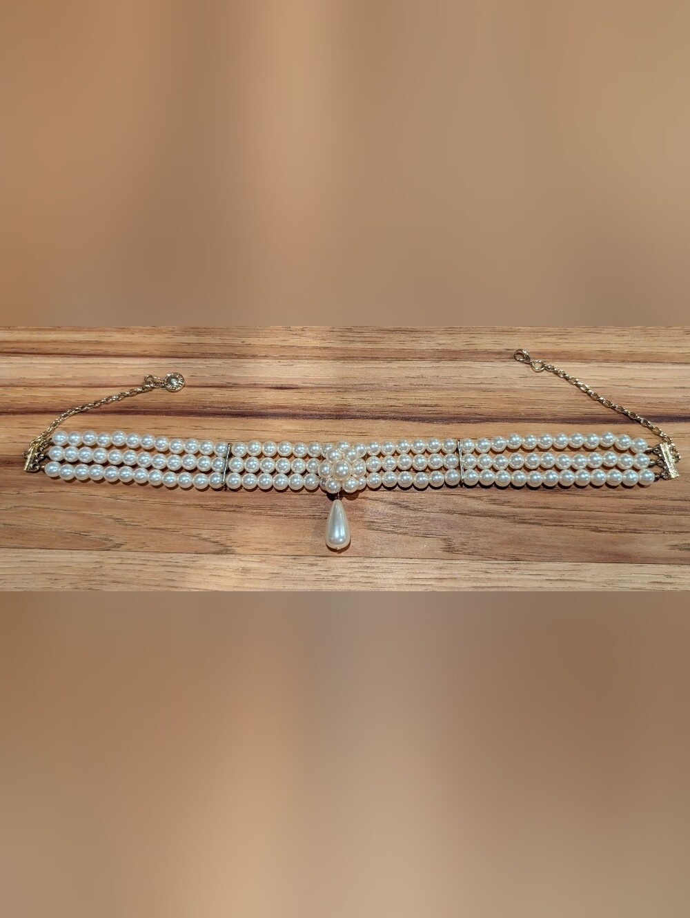 Source Unknown Triple-Row White Pearl Choker with Teardrop Pendant